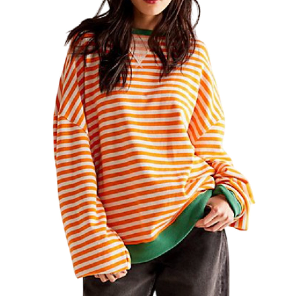 FREE PEOPLE ORANGE GREEN WHITE CLASSIC STRIPED OVERSIZED CREWNECK SWEATSHIRT M